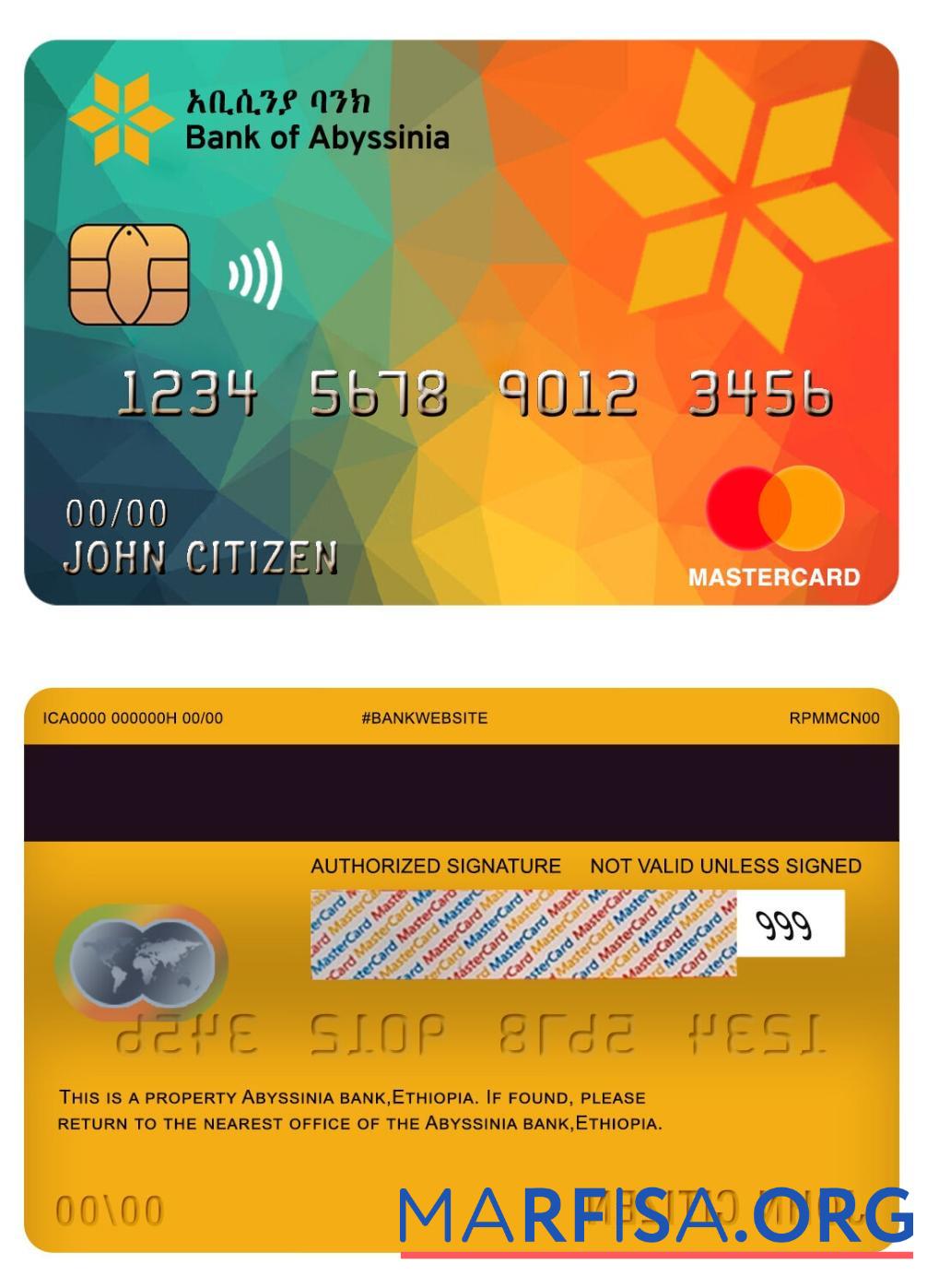 Realistic Ethiopia Bank of Abyssinia bank master card example
